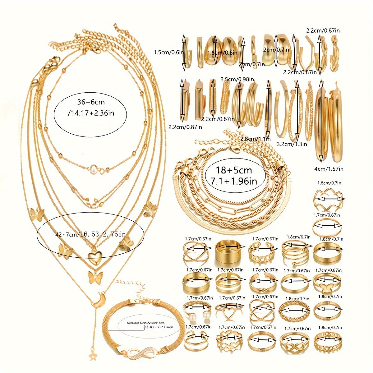57 Pieces Simple Necklace, Bracelet, Ankle Bracelet, Ring, Earrings Set for Women