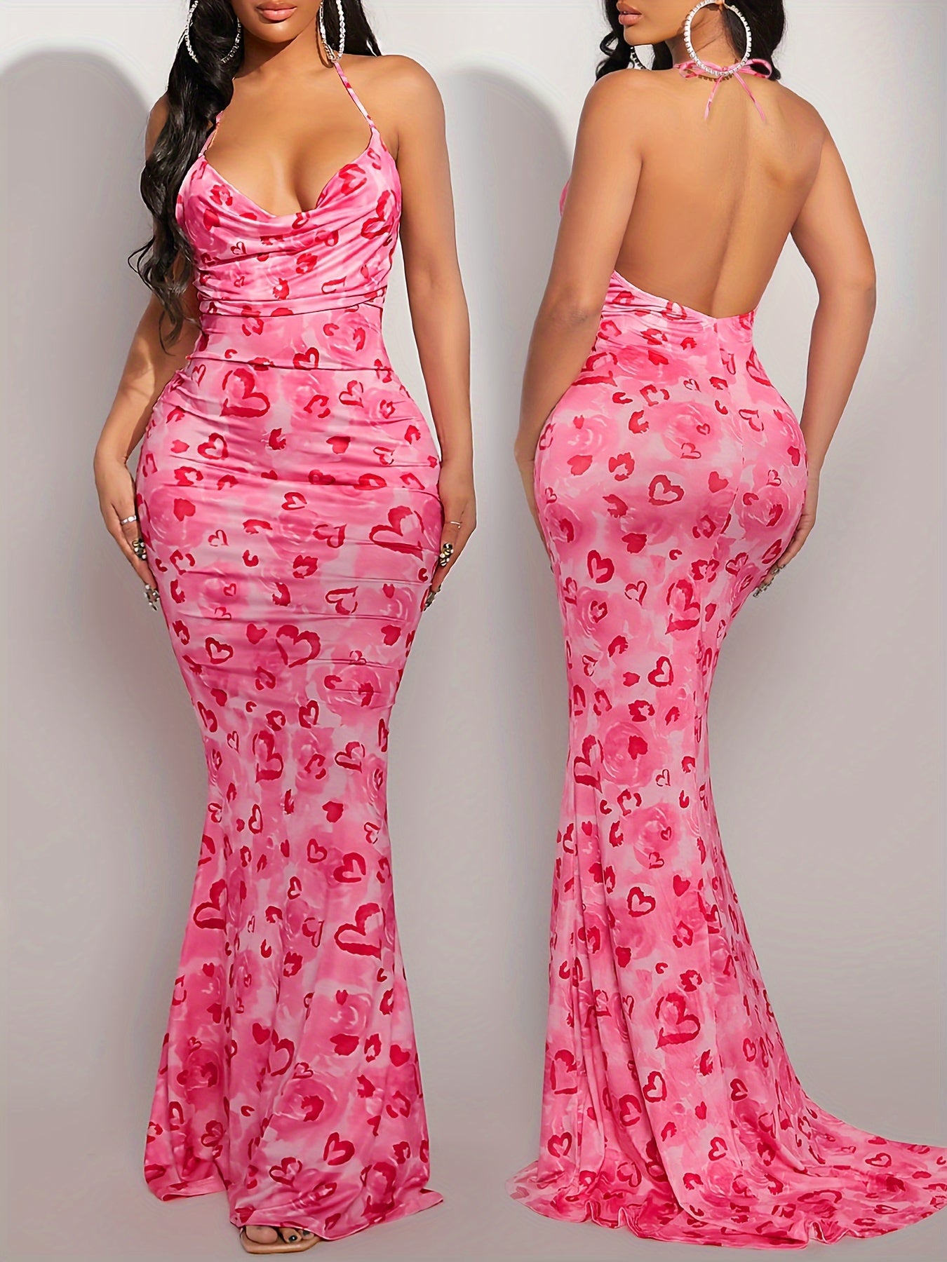 Valentine'S Day Pink Dress with Full Print of Love Flowers