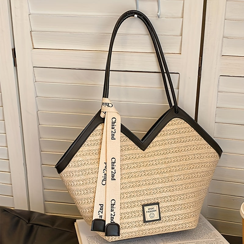 Retro Straw Tote Bag,Vacation Shoulder Bag, Trendy Woven Beach Bag For Travel Holiday
