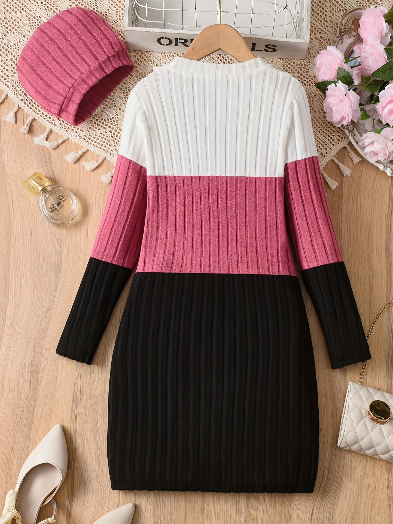 Three-Tone Color Block Long-Sleeve Dress and Matching Hat Set