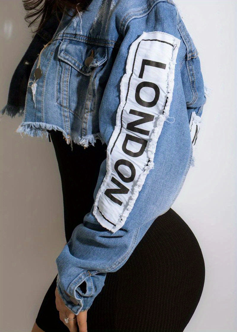Vibrant Blue Alphabet Print Cropped Denim Jacket