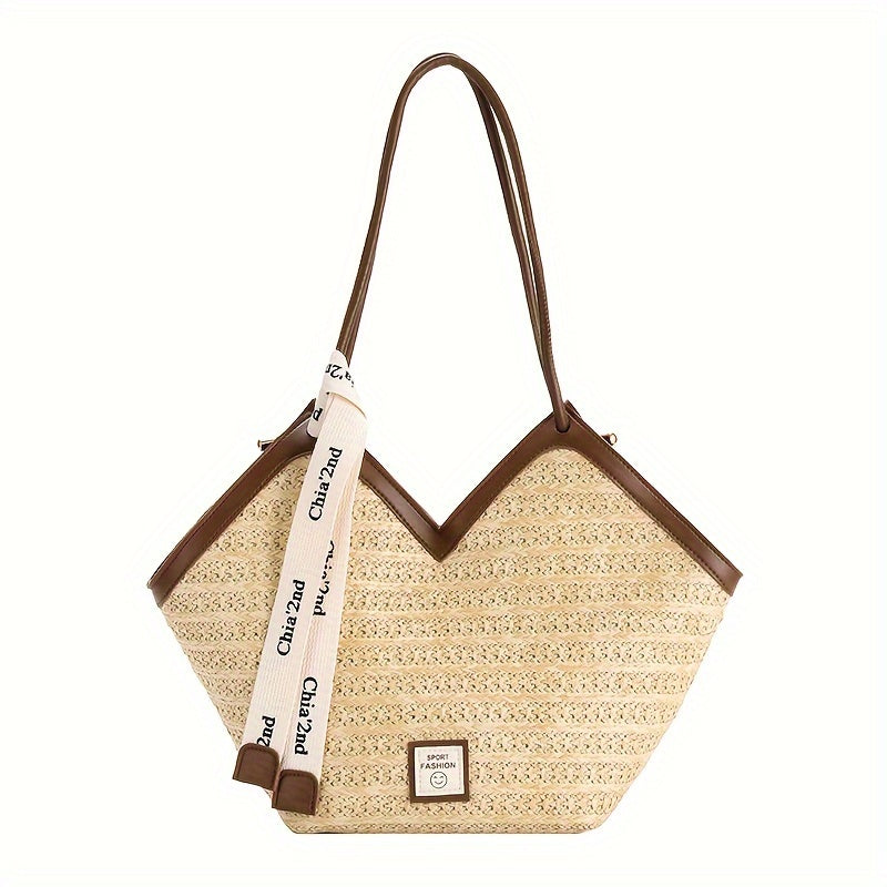 Retro Straw Tote Bag,Vacation Shoulder Bag, Trendy Woven Beach Bag For Travel Holiday