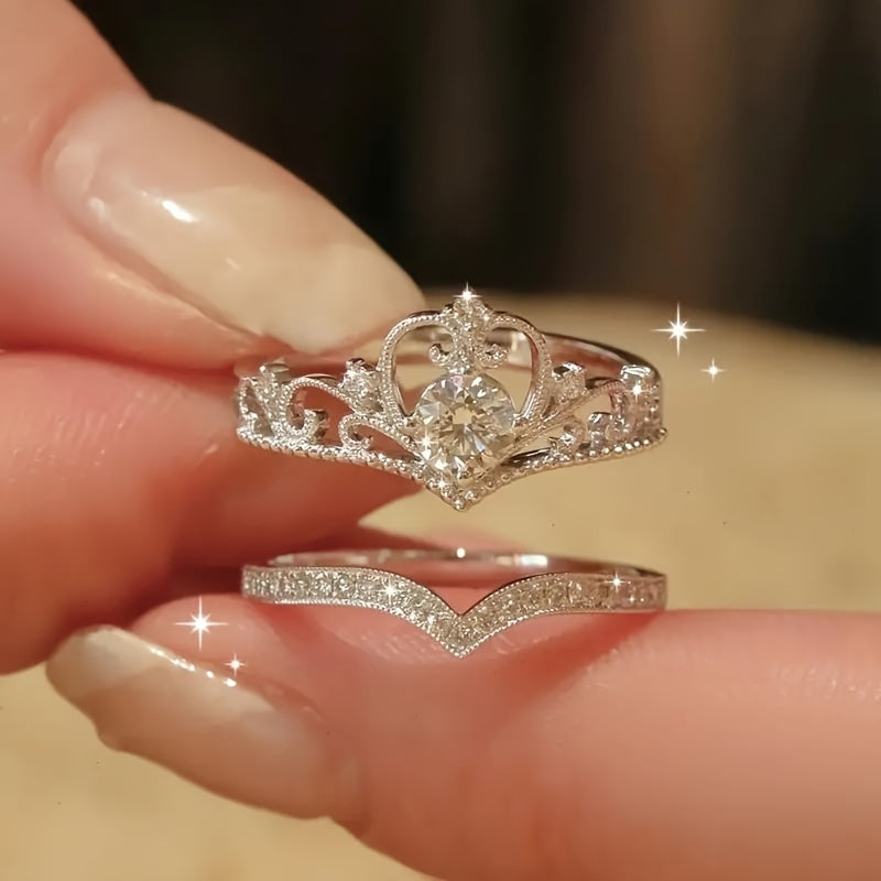 2-Piece Set Elegant Crown Rhinestone Ring Set