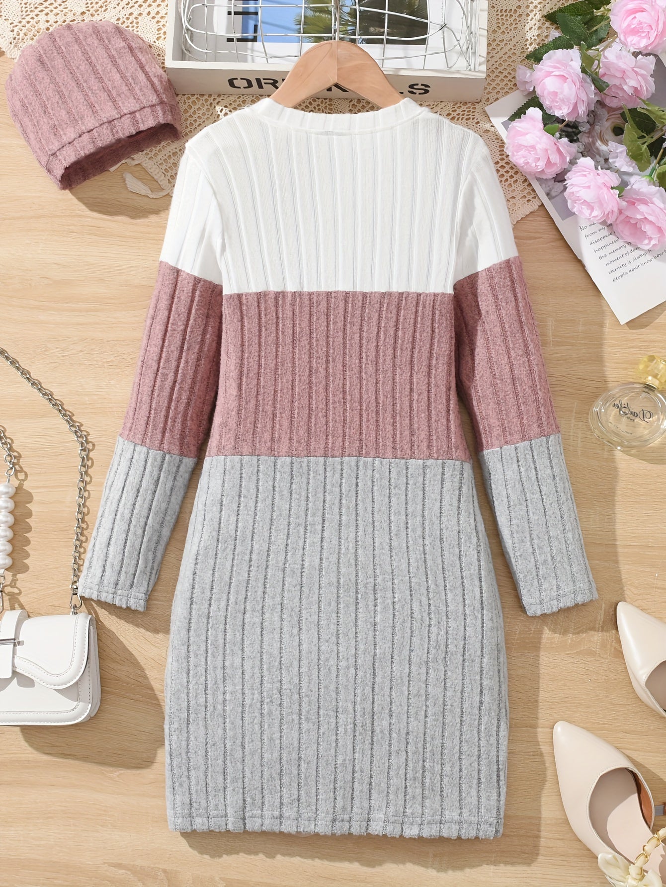Three-Tone Color Block Long-Sleeve Dress and Matching Hat Set