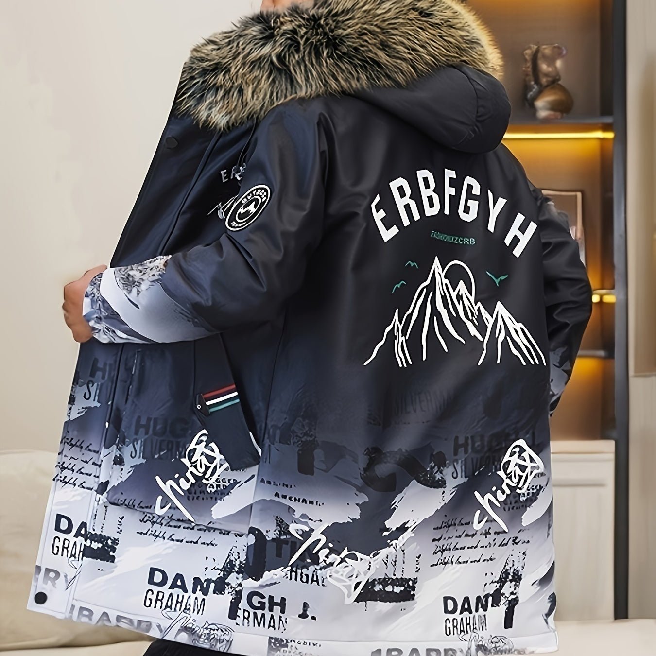 Mens Fashionable Mountain Print Hooded Jacket