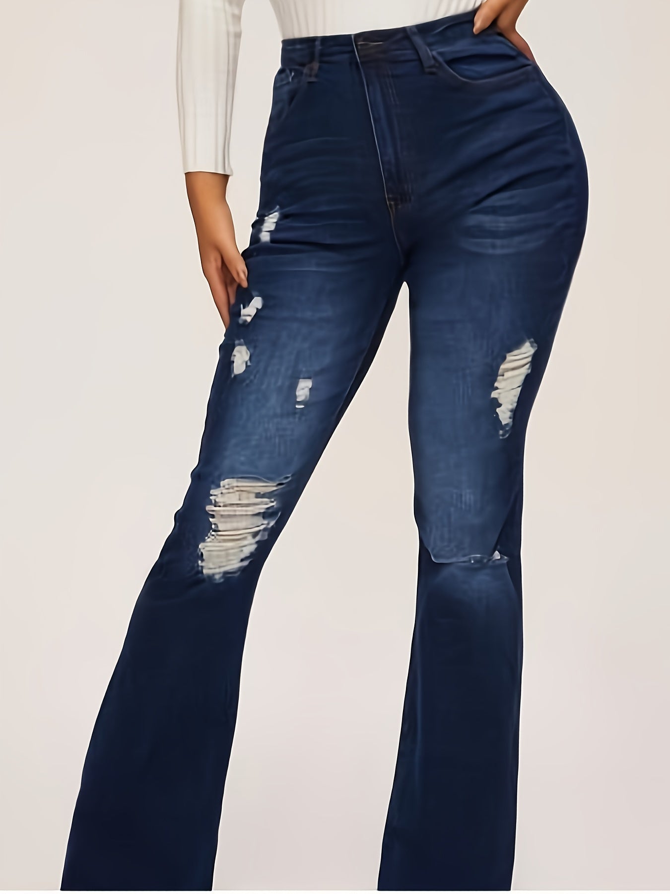 Plus Size Stylish Flare Leg Womens High-Waisted Stretchy Ripped Jeans