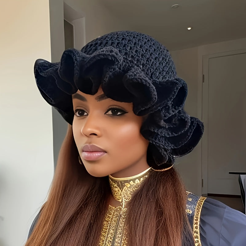 Hand Crochet Adult Lace Ruffle Hat Flower Brim Hat