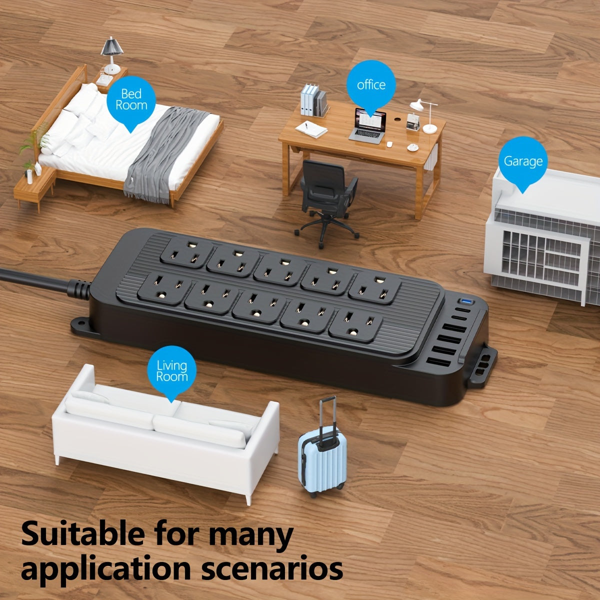 10-Outlet Flat Plug Power Strip with 6 USB Ports (2 USB-C)