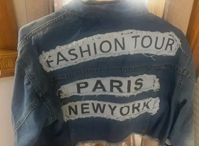 Vibrant Blue Alphabet Print Cropped Denim Jacket