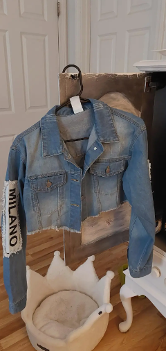 Vibrant Blue Alphabet Print Cropped Denim Jacket