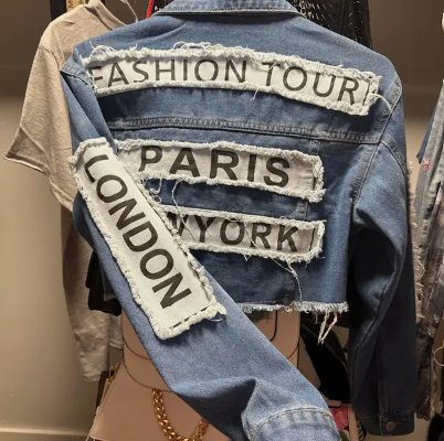 Vibrant Blue Alphabet Print Cropped Denim Jacket