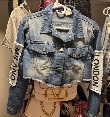 Vibrant Blue Alphabet Print Cropped Denim Jacket