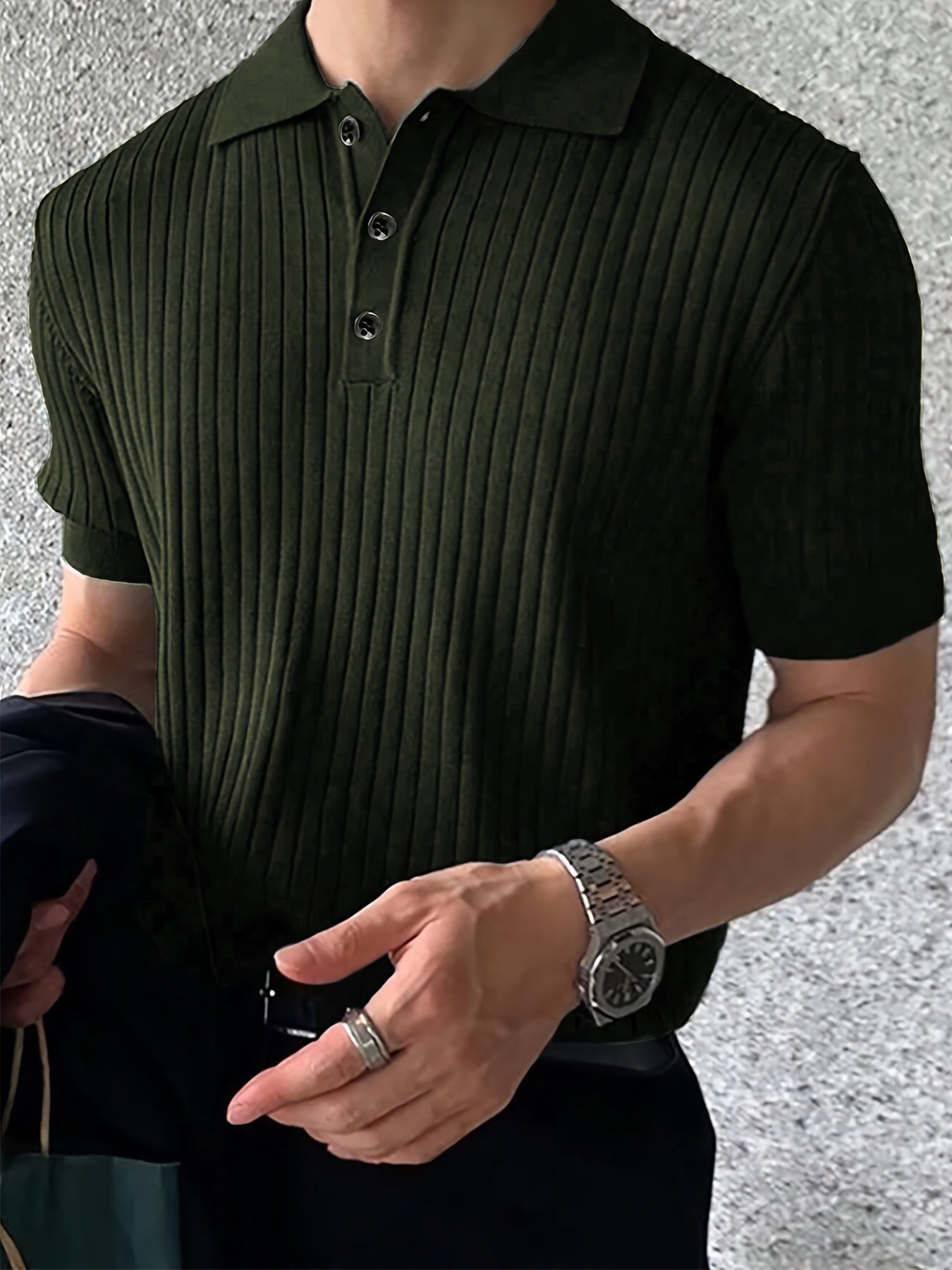 Men's Ribbed And Knit Short Sleeve Lapel Collar Shirt