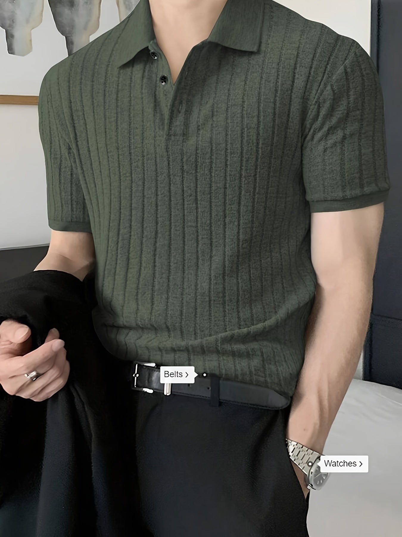 Men's Ribbed And Knit Short Sleeve Lapel Collar Shirt