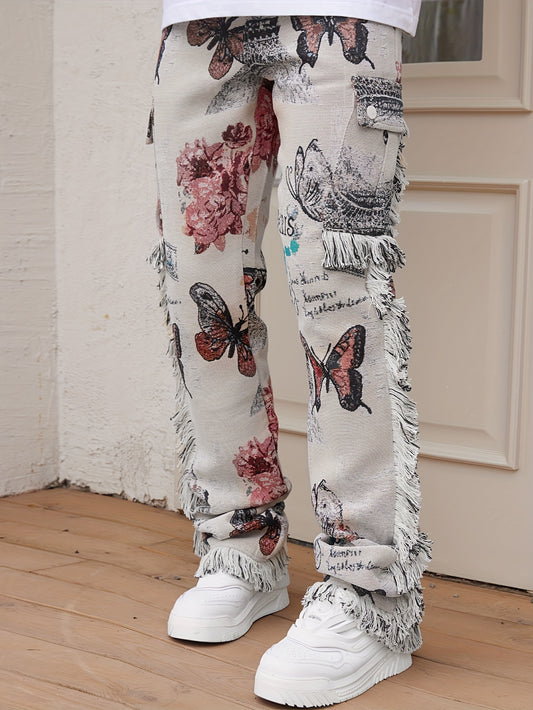 Vintage Butterfly Pattern Loose Straight Leg Long Pants