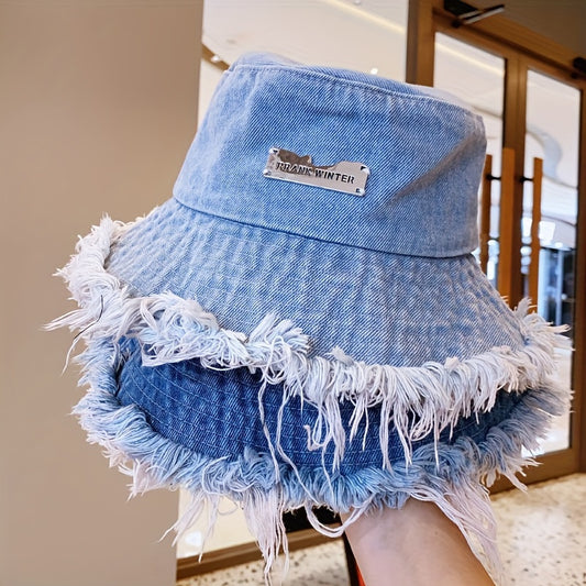 Raw Hem Denim Bucket Hat Letter
