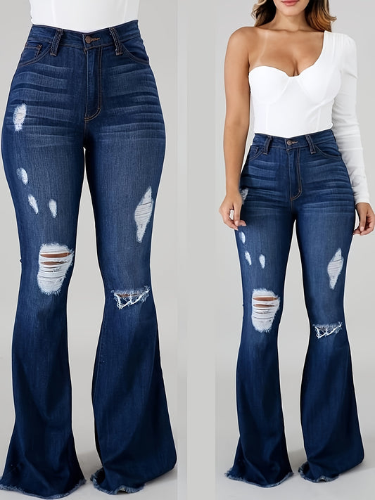 Plus Size Stylish Flare Leg Womens High-Waisted Stretchy Ripped Jeans