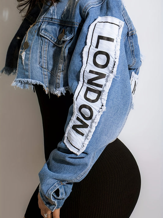 Vibrant Blue Alphabet Print Cropped Denim Jacket