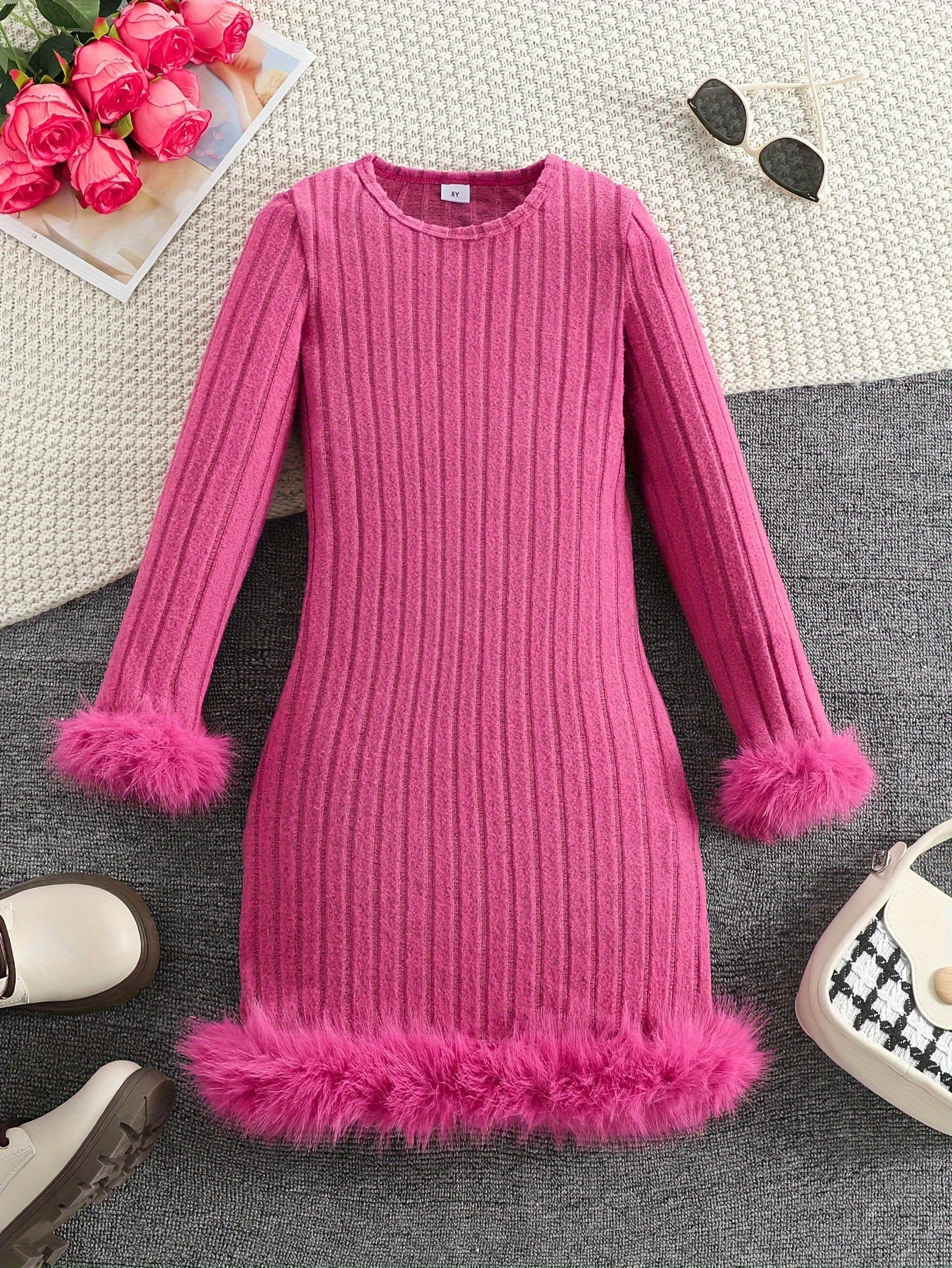 Long Sleeve Faux Furry Hem Ribbed Dress