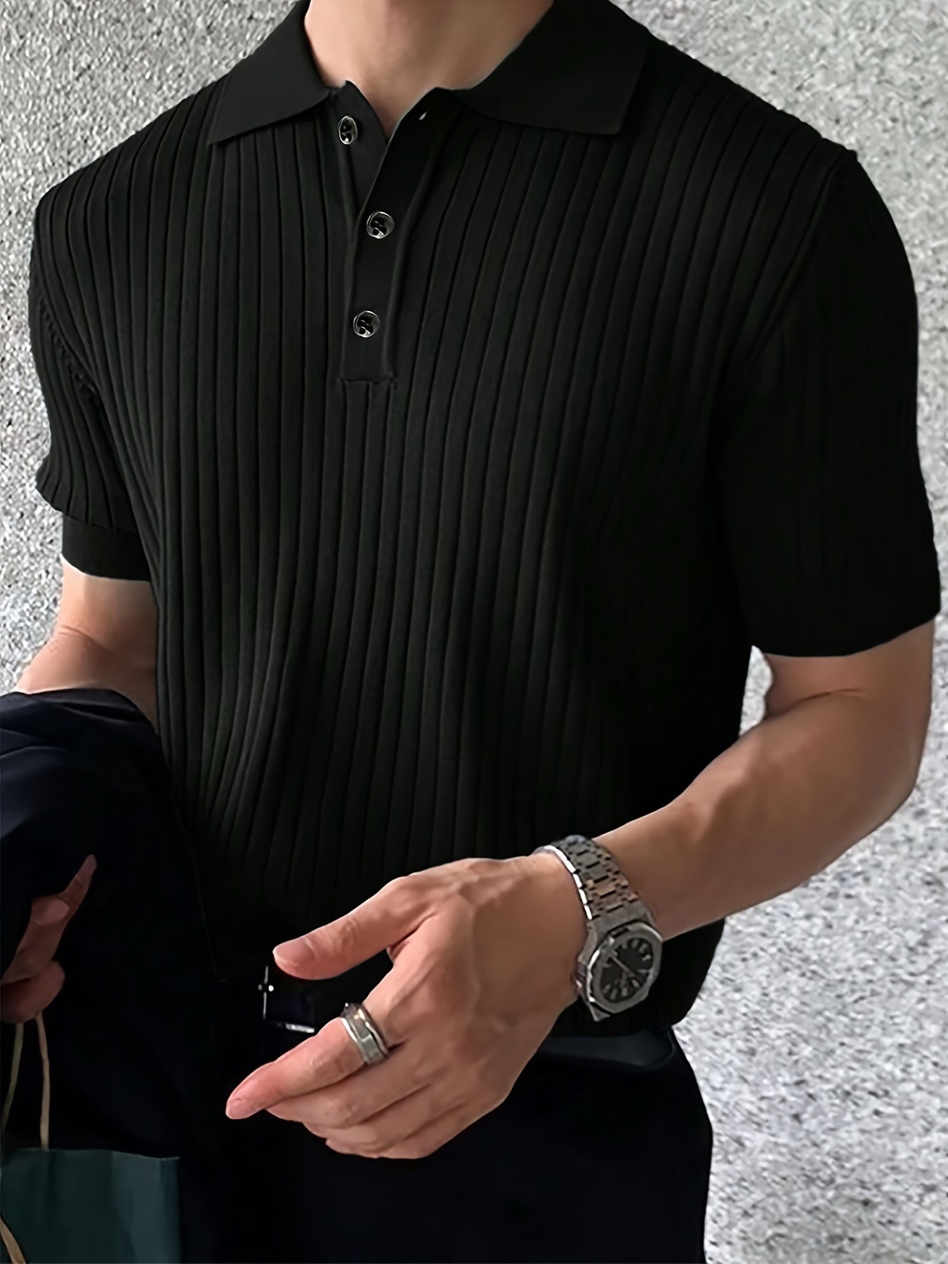 Men's Ribbed And Knit Short Sleeve Lapel Collar Shirt