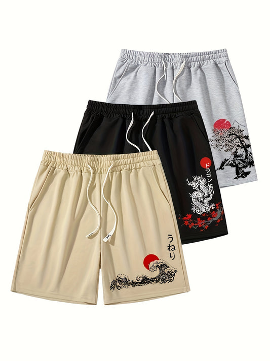 3pcs Stylish Pattern Print Drawstring Shorts Set