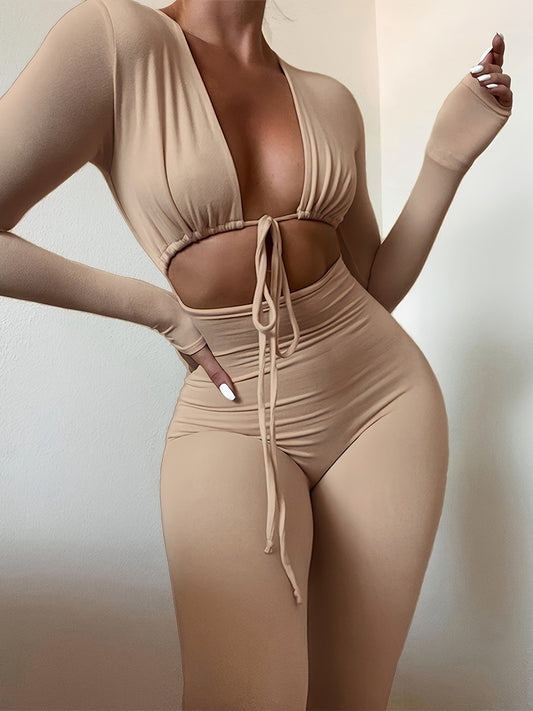 Long Sleeve Tie Front Cut Out Slim Jumpsuit