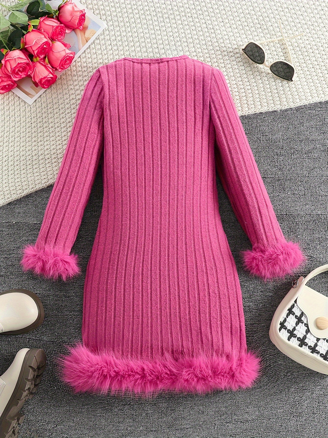 Long Sleeve Faux Furry Hem Ribbed Dress