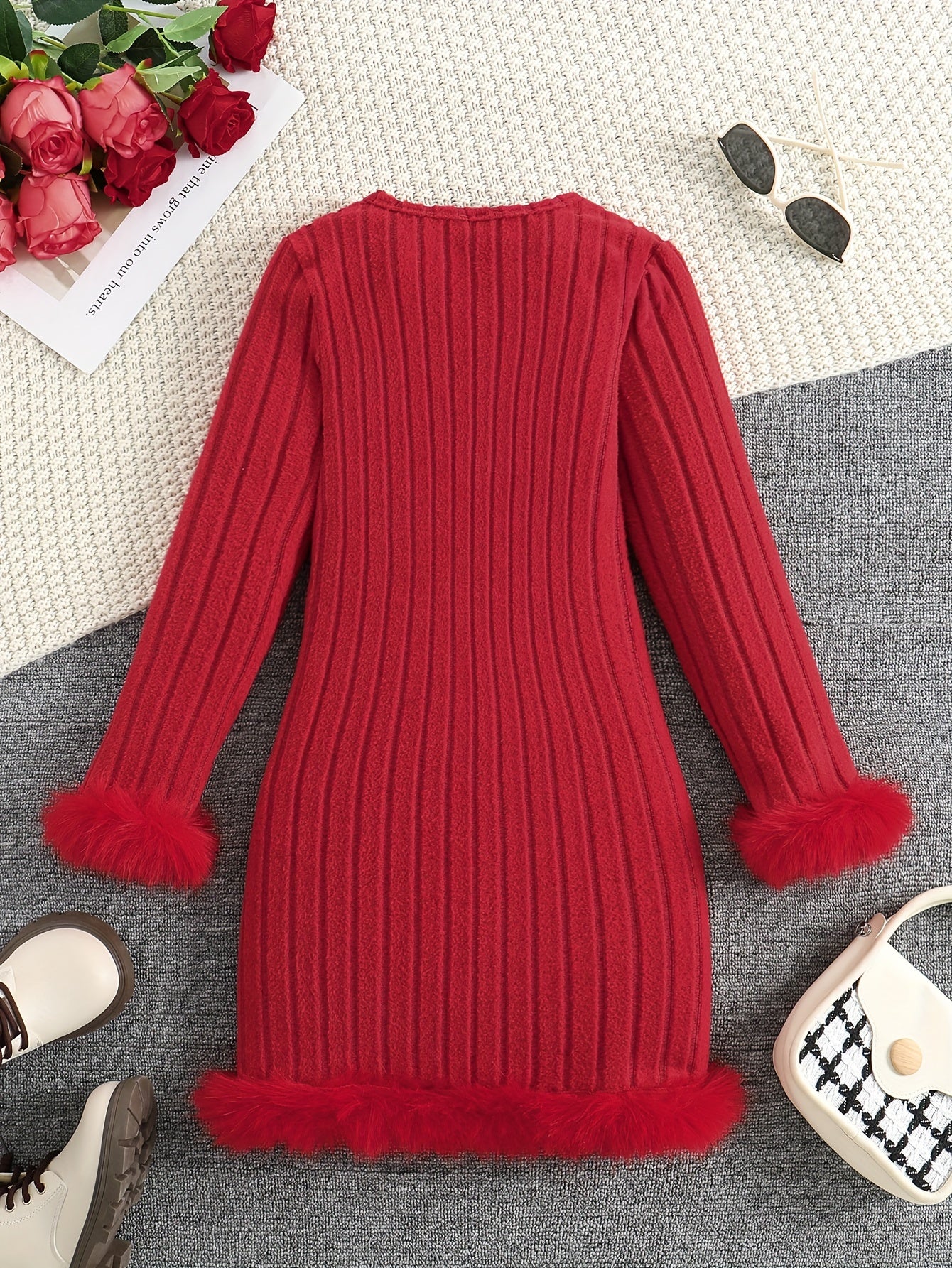 Long Sleeve Faux Furry Hem Ribbed Dress