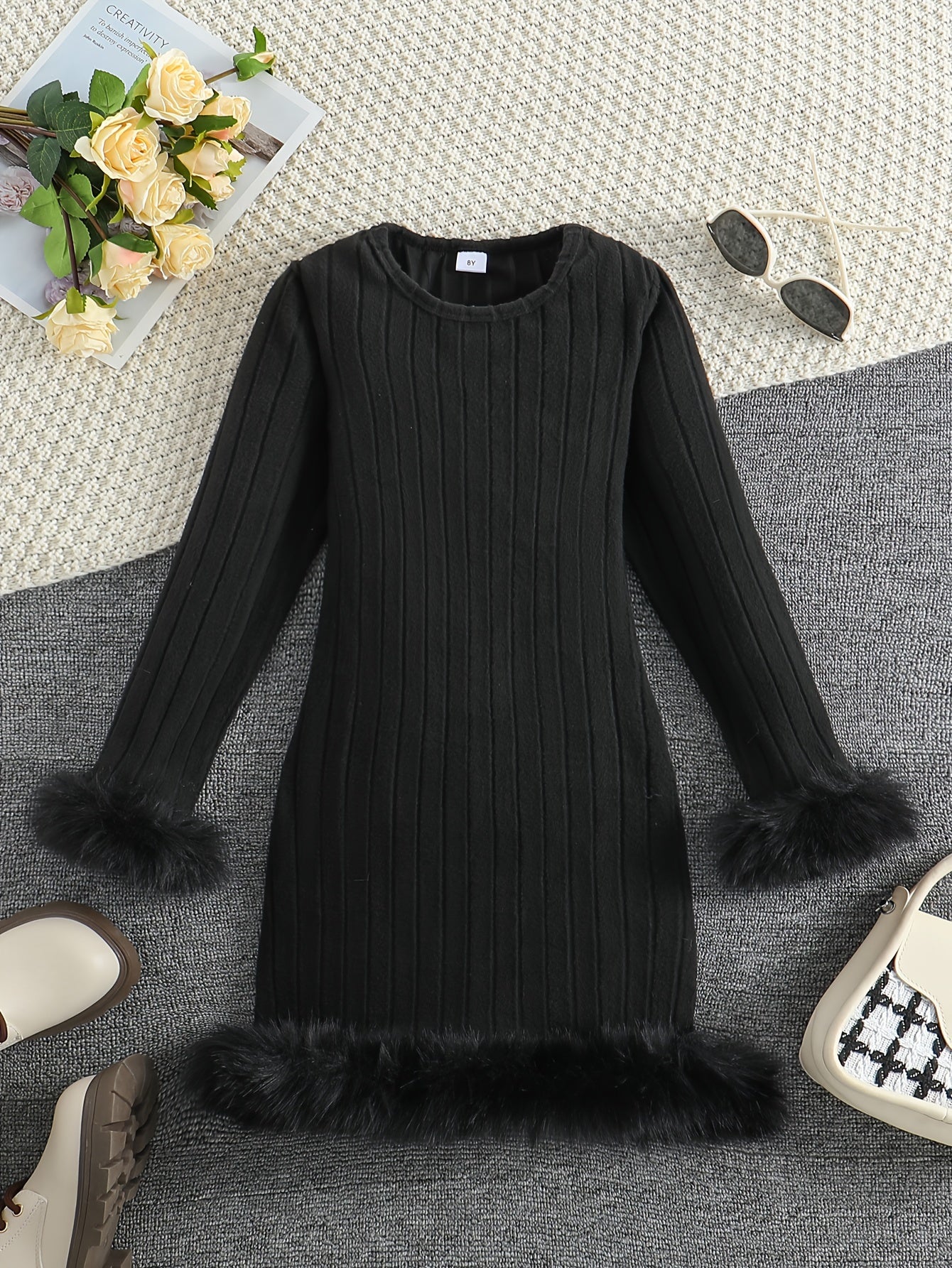 Long Sleeve Faux Furry Hem Ribbed Dress