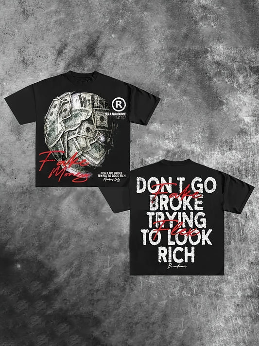 Vibrant Y2K-Inspired Money & Letter Print Crew Neck T-Shirt