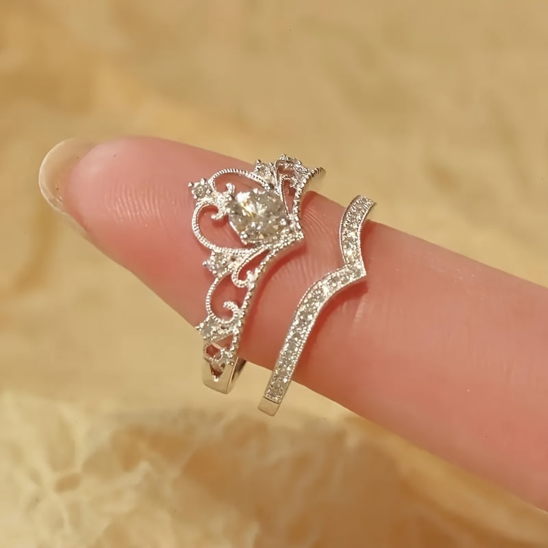 2-Piece Set Elegant Crown Rhinestone Ring Set