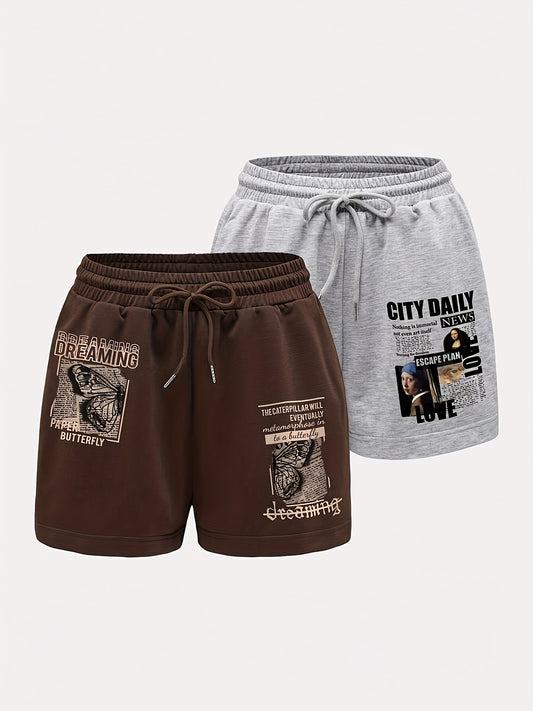 Two-Piece Letter & Butterfly Print Drawstring Shorts Set