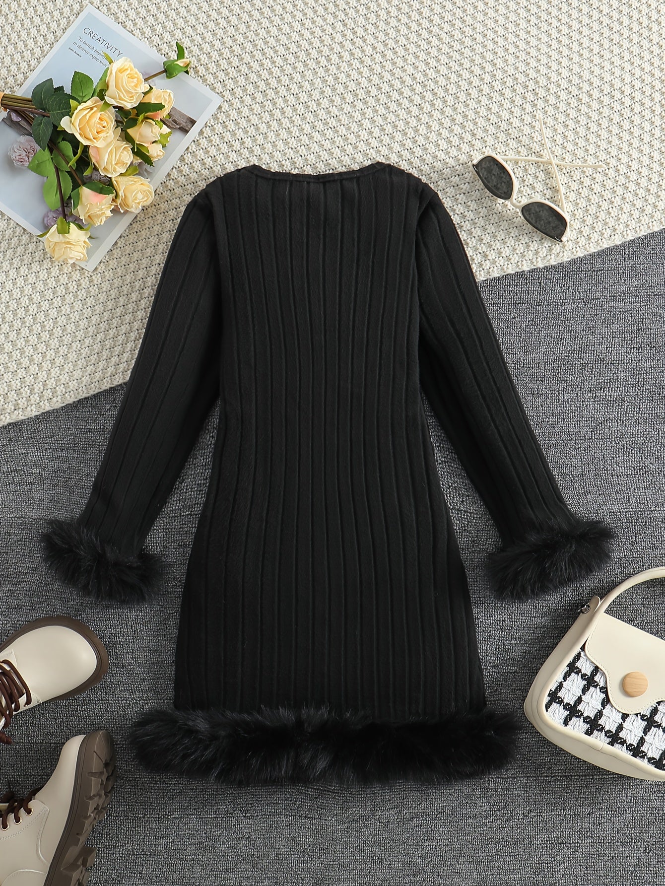 Long Sleeve Faux Furry Hem Ribbed Dress