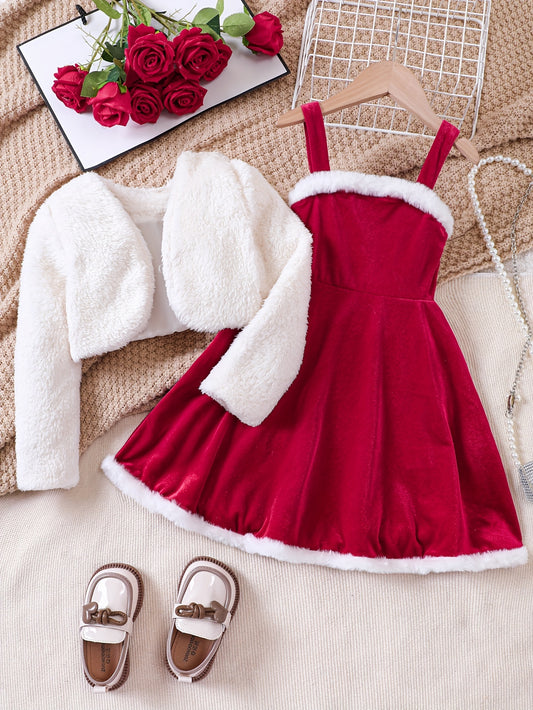 2 Pcs Plush Long Sleeve Cardigan + Cami Dress Set for Girls