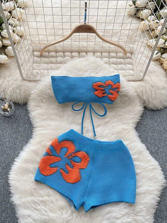 Two-Piece Floral Sexy Knit Pantsuits - Backless Crop Tube Top & High Waist Shorts Outfits for Women Set