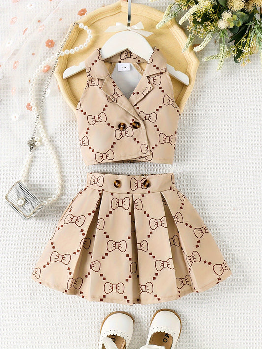 2PCS Comfy Casual Girls' Summer Bows Pattern Outfit Set