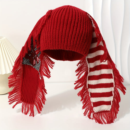 Chic Rabbit Ear Knit Beanie with Striped Tassel