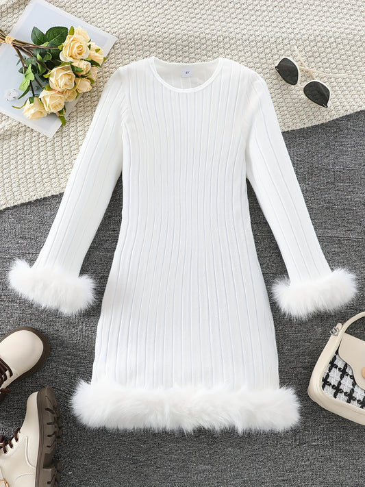 Long Sleeve Faux Furry Hem Ribbed Dress