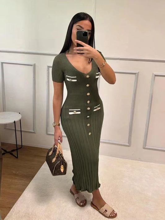 Office Lady Elegant Knitted Long Dress Summer Short Sleeve V Neck Single Breasted Bodycon Women Dresses
