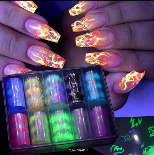 10 Rolls Glow-in-the-Dark Flame Nail Foil Transfer Stickers Kit