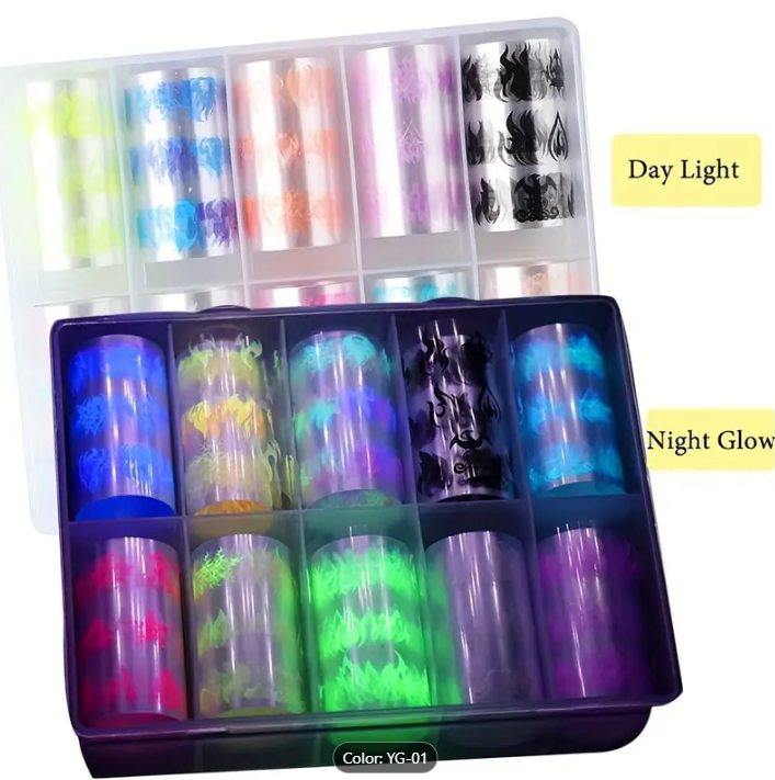 10 Rolls Glow-in-the-Dark Flame Nail Foil Transfer Stickers Kit