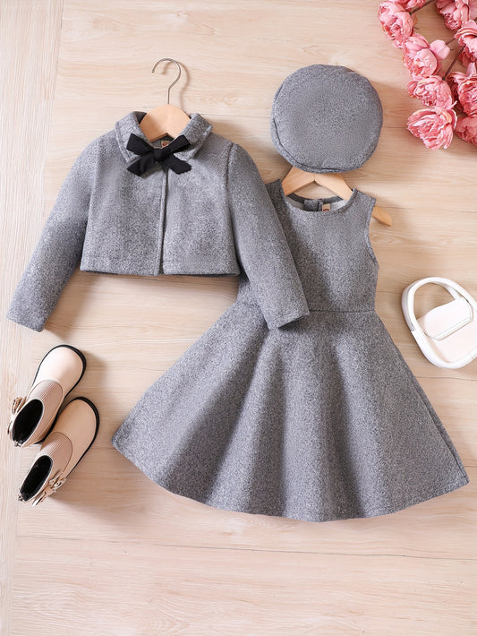 3pcs, Bowknot Coat & Beret & Tank Dress Set
