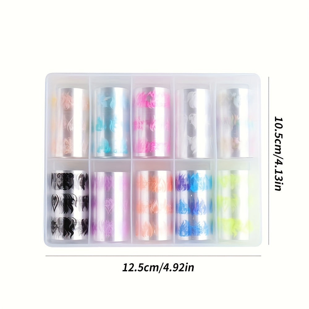 10 Rolls Glow-in-the-Dark Flame Nail Foil Transfer Stickers Kit