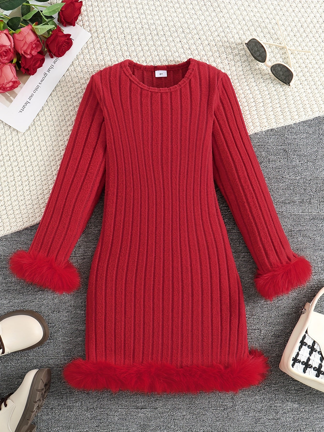 Long Sleeve Faux Furry Hem Ribbed Dress