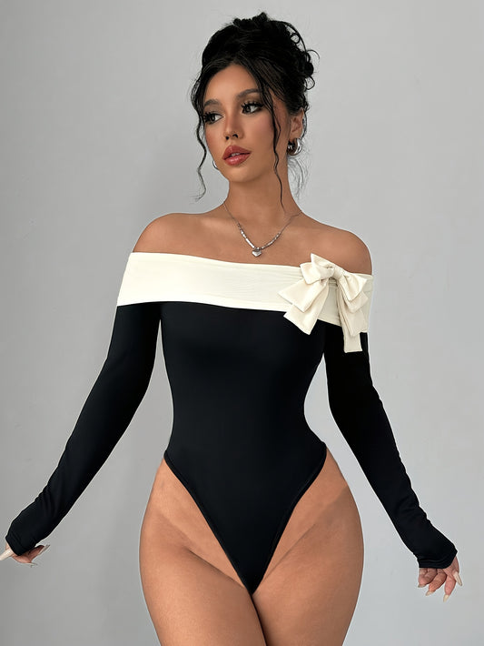 Chic Off-Shoulder Color Block Bodysuit with Bow Detail