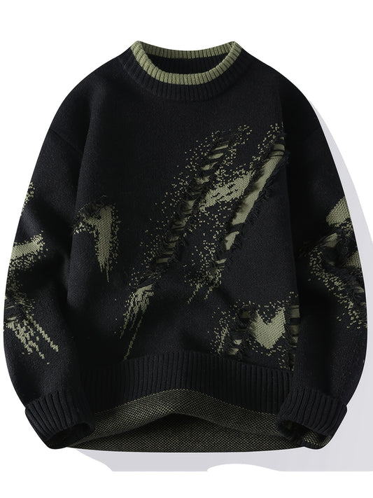 Cozy Loose Fit Color Block Frayed Knitted Pullover Sweater