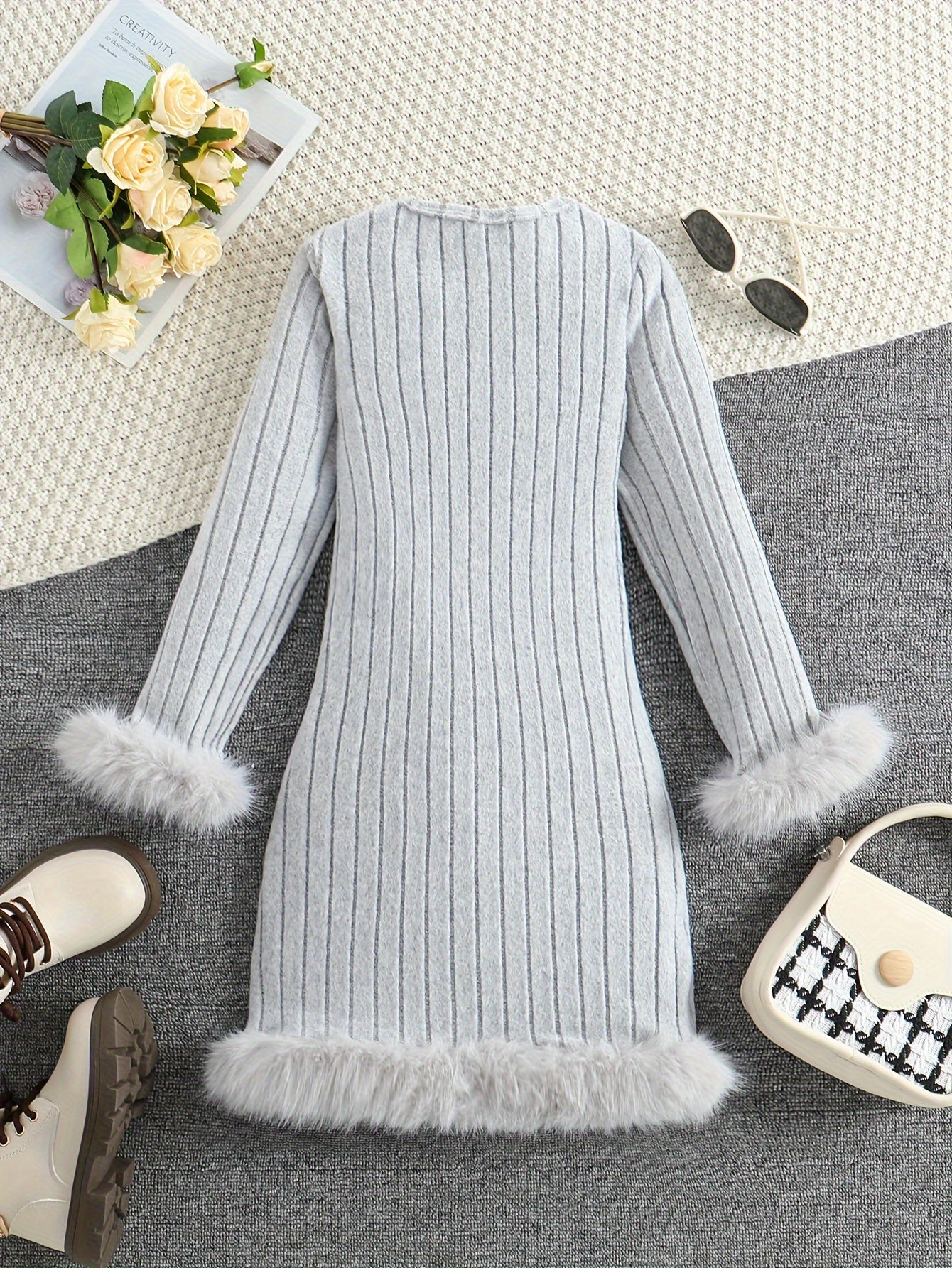 Long Sleeve Faux Furry Hem Ribbed Dress
