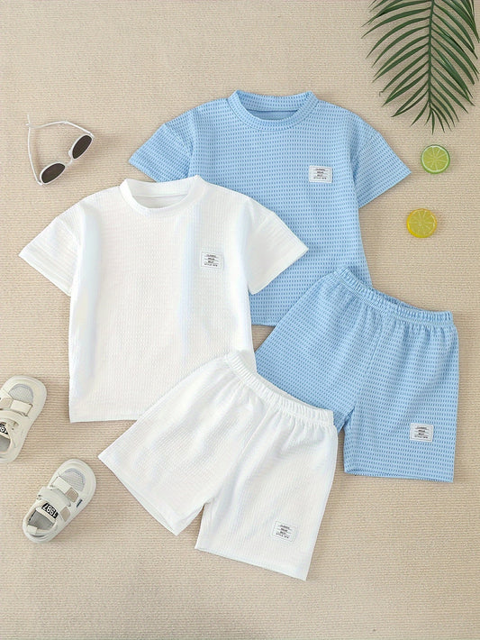 4pcs Boys Casual Solid Comfortable Short Sleeve T-shirt & Shorts Set