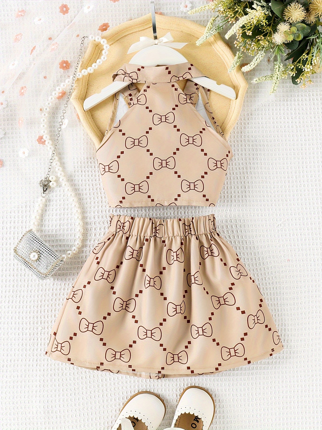 2PCS Comfy Casual Girls' Summer Bows Pattern Outfit Set