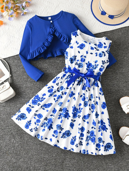2 Piece Set Ruffle Decoration Cardigan Flower Print Sleeveless Dress